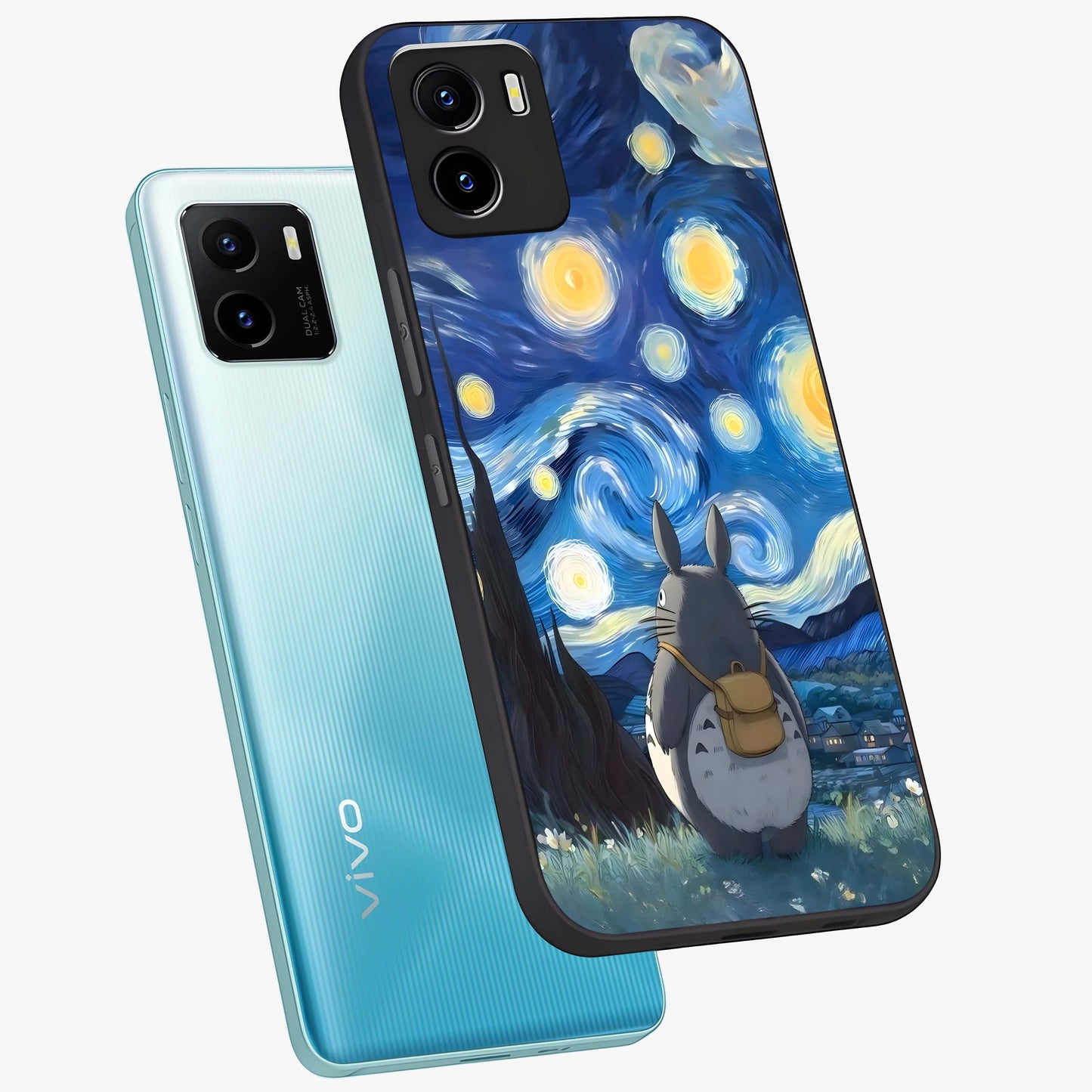 Totoro In Van Gogh Art Glass Case displayed in angled mockup highlighting artistic swirling sky design with playful animation aesthetic.
