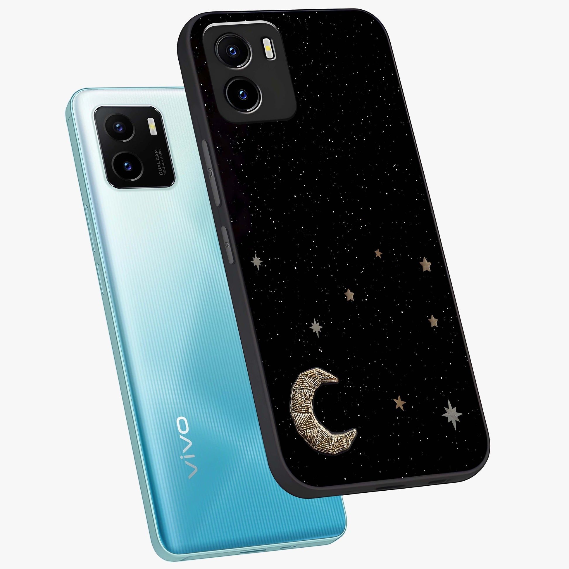 Twinkle Star With Half Moon Glass Case displayed in angled mockup highlighting celestial moon and star design with magical aesthetic.