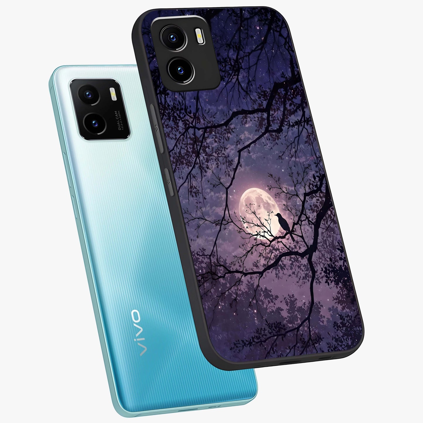 Whispering Moon Silence Glass Case displayed in angled mockup highlighting calm lunar design with dreamy night aesthetic.