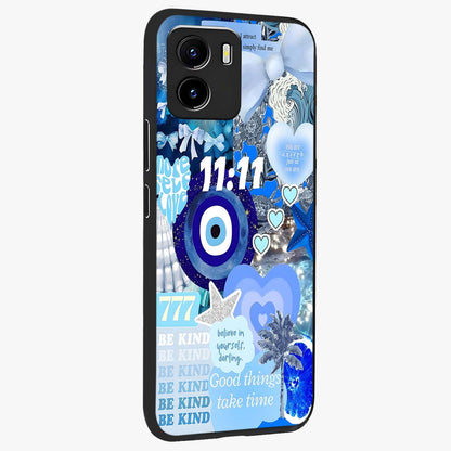 Aesthetic Be Kind Eye Glass Case upright view showcasing stylish eye illustration with positive message theme.