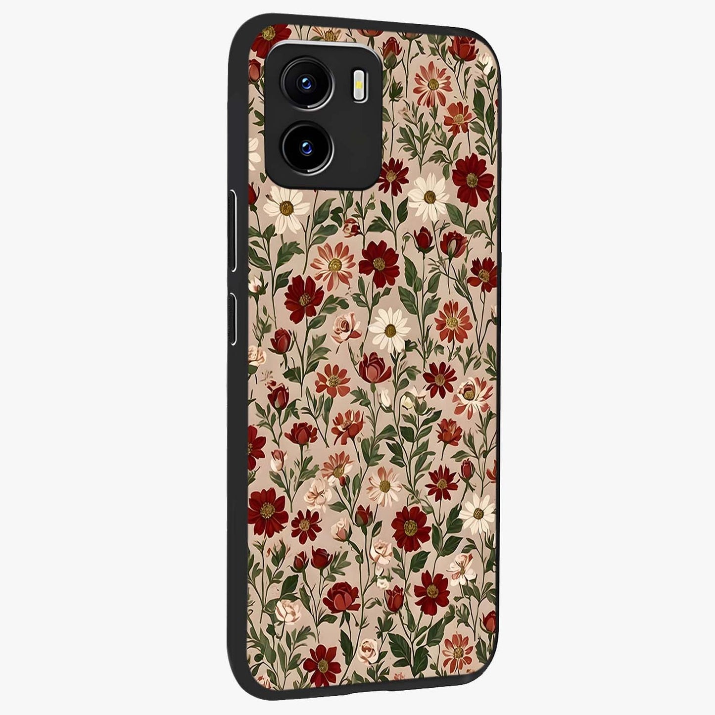 Biege Flower With Leaf Glass Case upright view showcasing delicate beige flower illustration with clean botanical style.