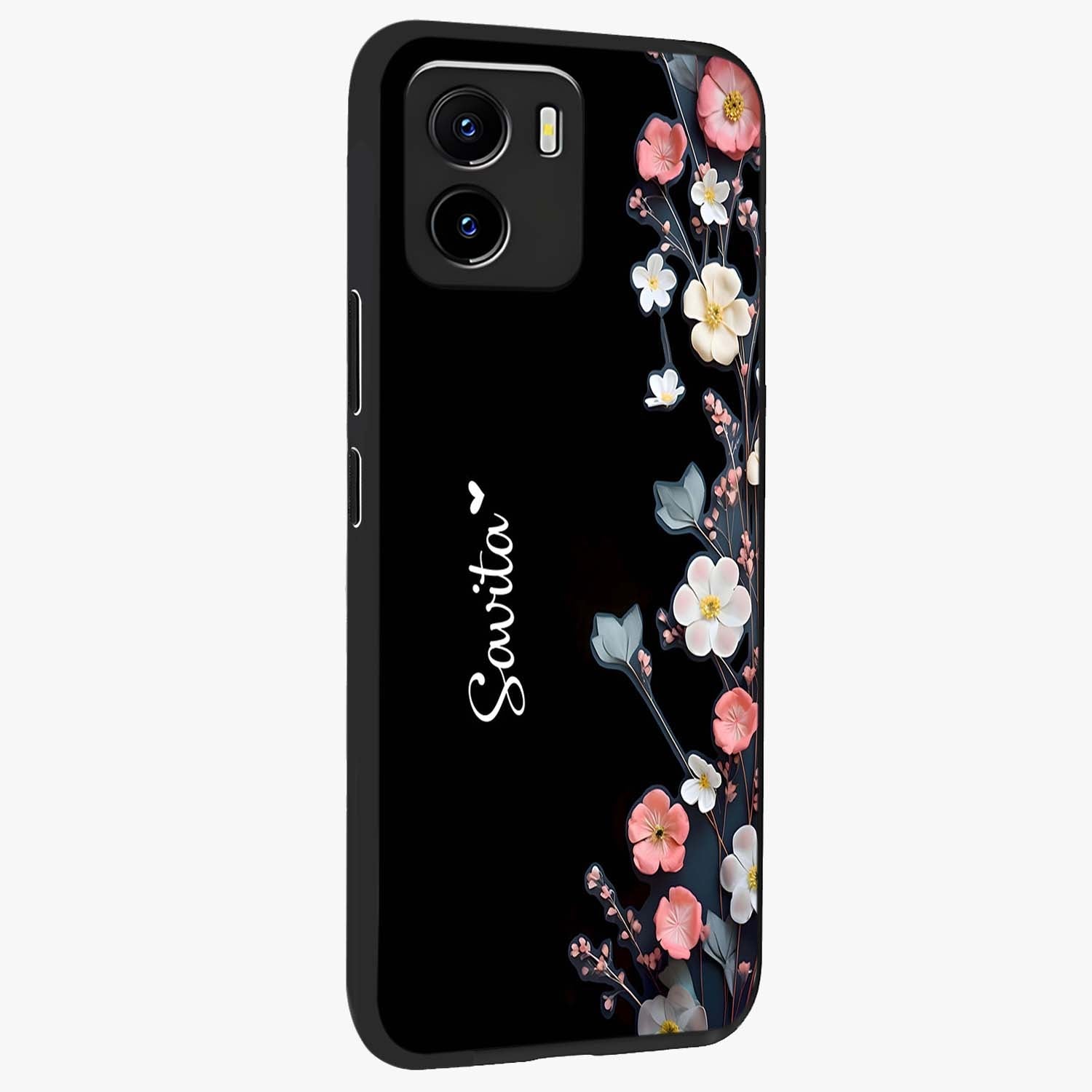 Black Elegance Floral Custom Name Glass Case upright view showcasing luxurious black floral design with personalized name detail.