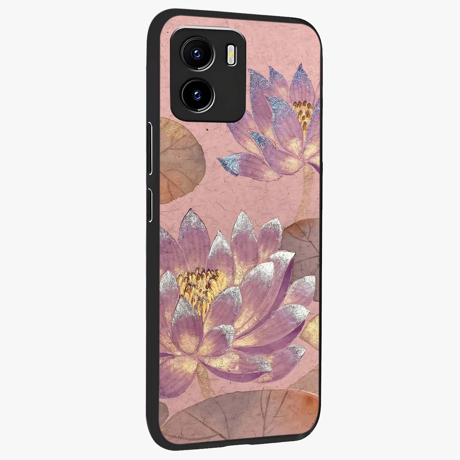 Blossom Mist Lotus Glass Case upright view showcasing graceful lotus flower design with peaceful botanical style.