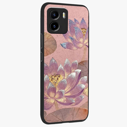 Blossom Mist Lotus Glass Case upright view showcasing graceful lotus flower design with peaceful botanical style.