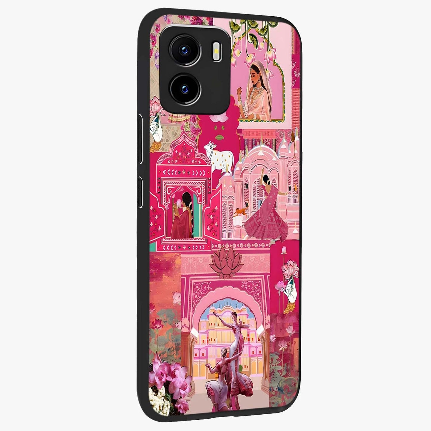 Blossoms of Rajasthan Glass Case upright view showcasing colorful floral design inspired by traditional Indian art.
