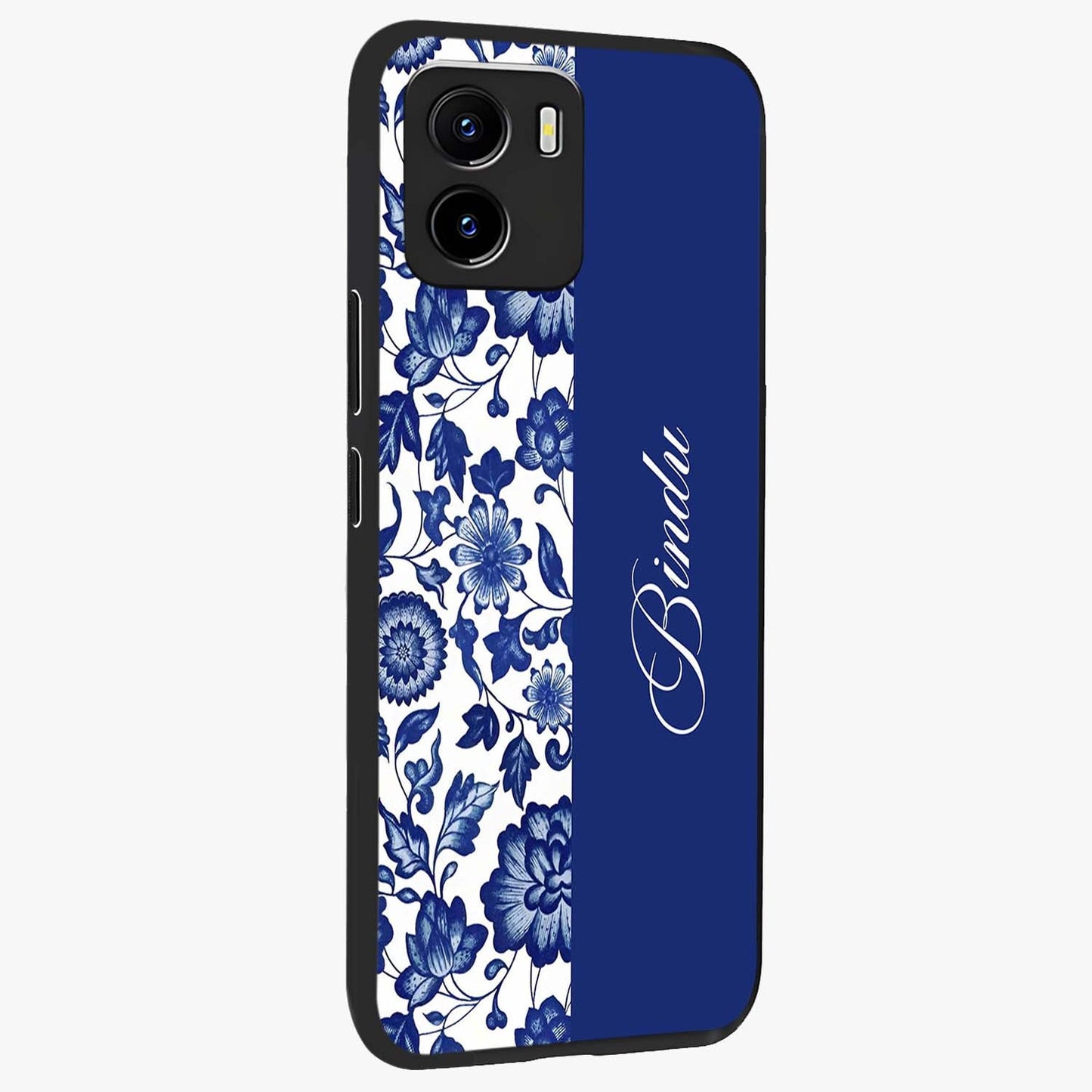 Blue Vintage Floral Pattern Glass Case upright view showcasing delicate blush floral texture with modern minimal style.