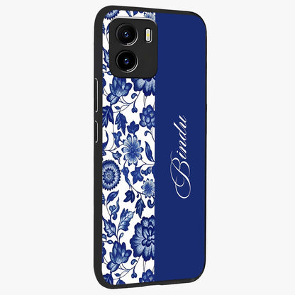 Blue Vintage Floral Pattern Glass Case upright view showcasing delicate blush floral texture with modern minimal style.