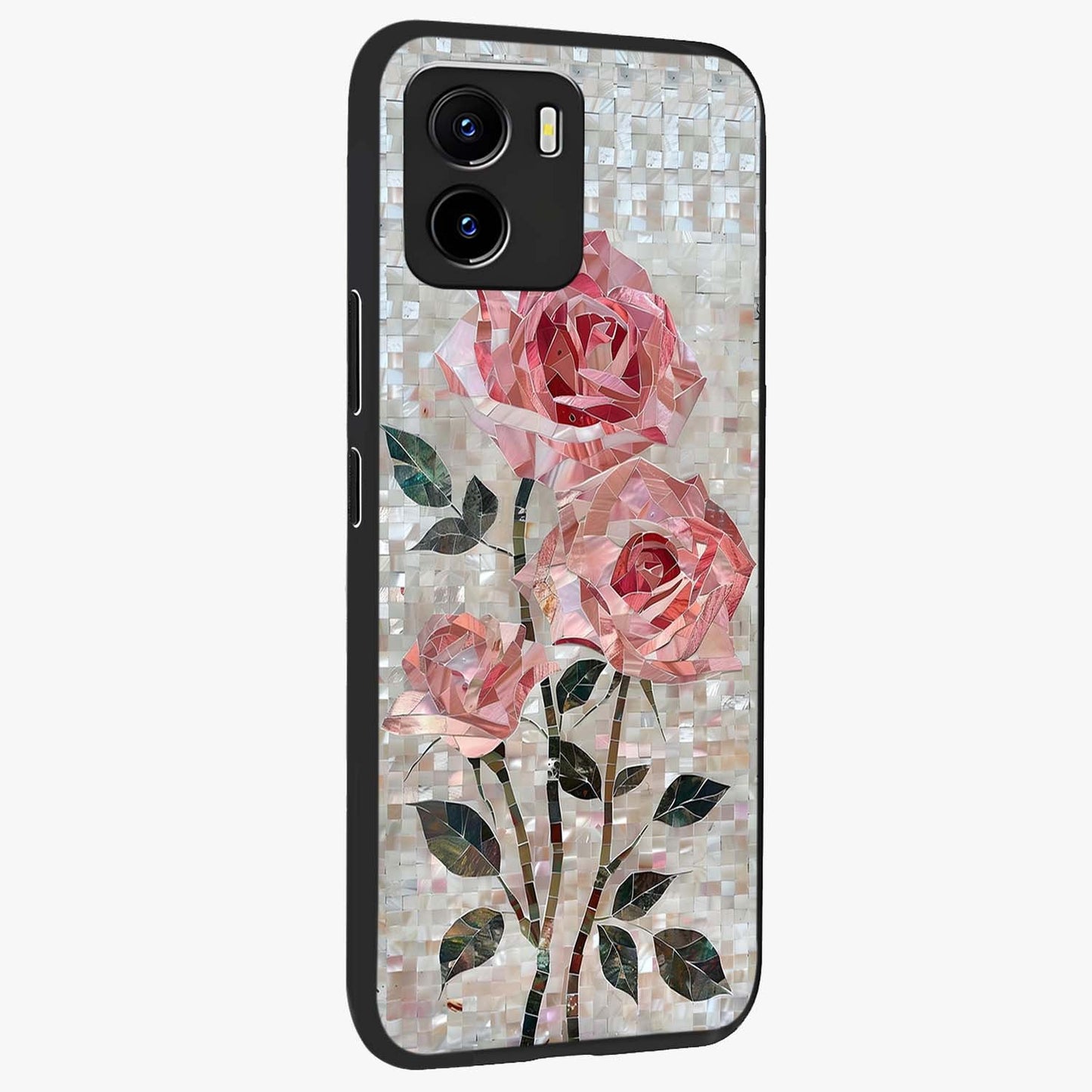 Blush Mosaic Bloom Glass Case upright view showcasing decorative floral mosaic artwork with stylish modern aesthetic.