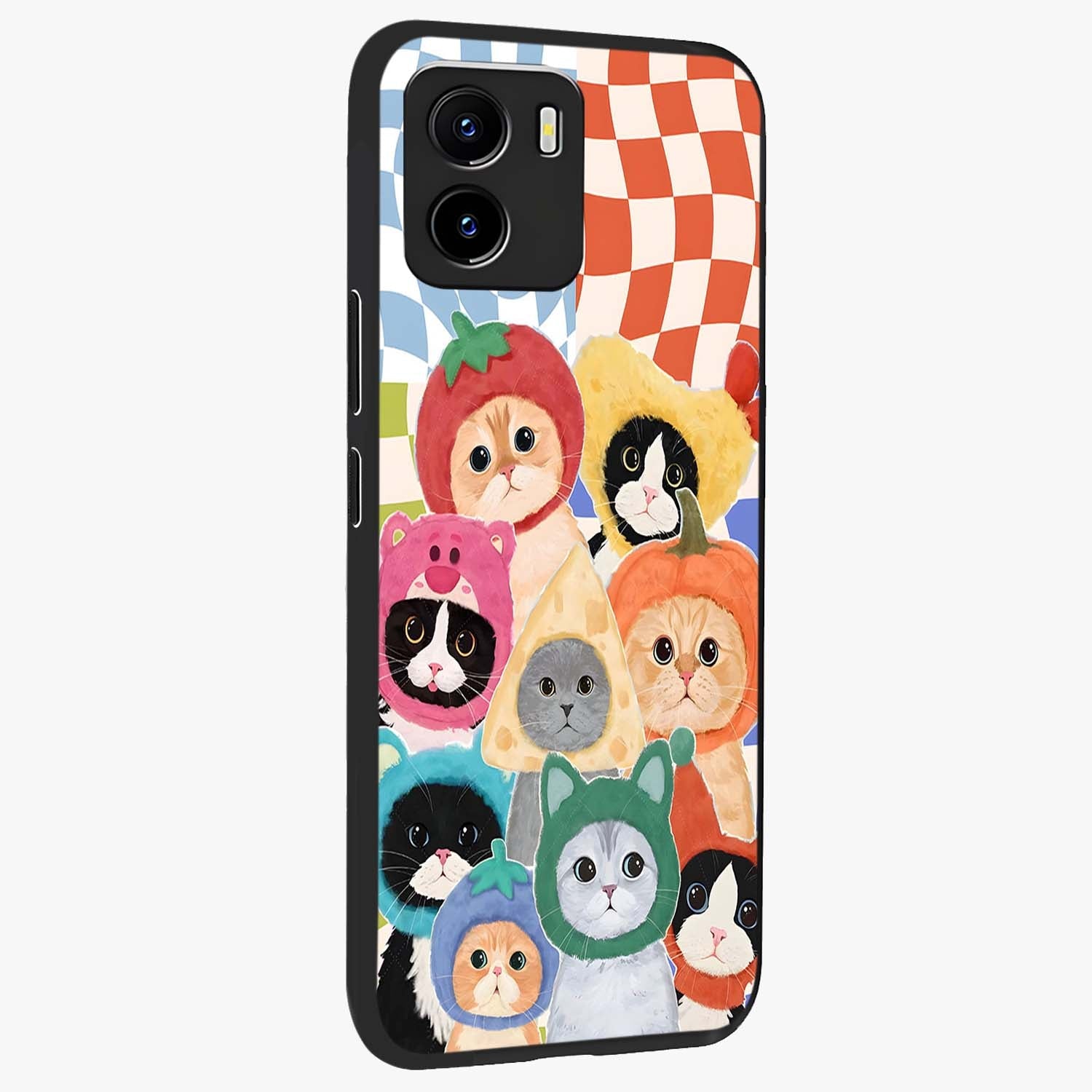 Cats in Fruits Glass Case upright view showcasing charming cat artwork with fun fruity theme.