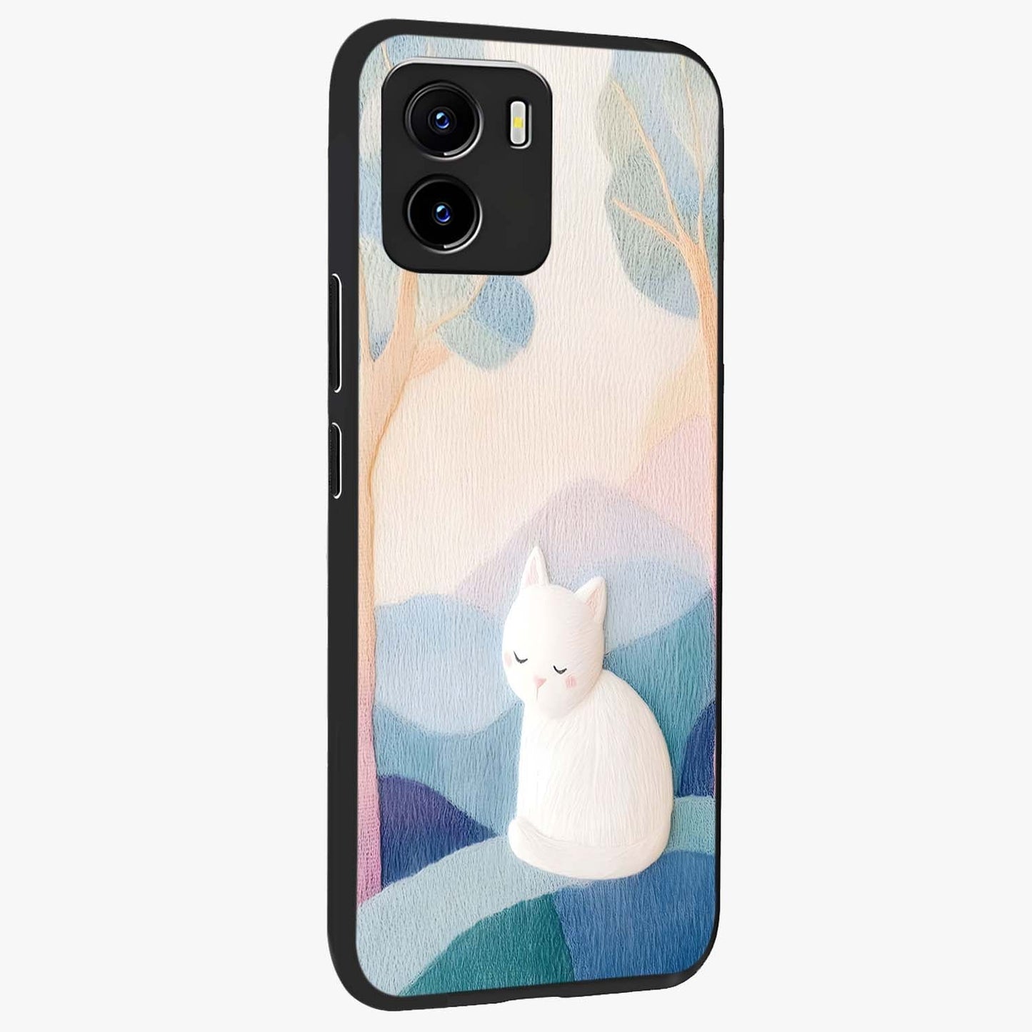 Cotton Dream Cat Glass Case upright view showcasing charming cat artwork with cozy dreamy theme.