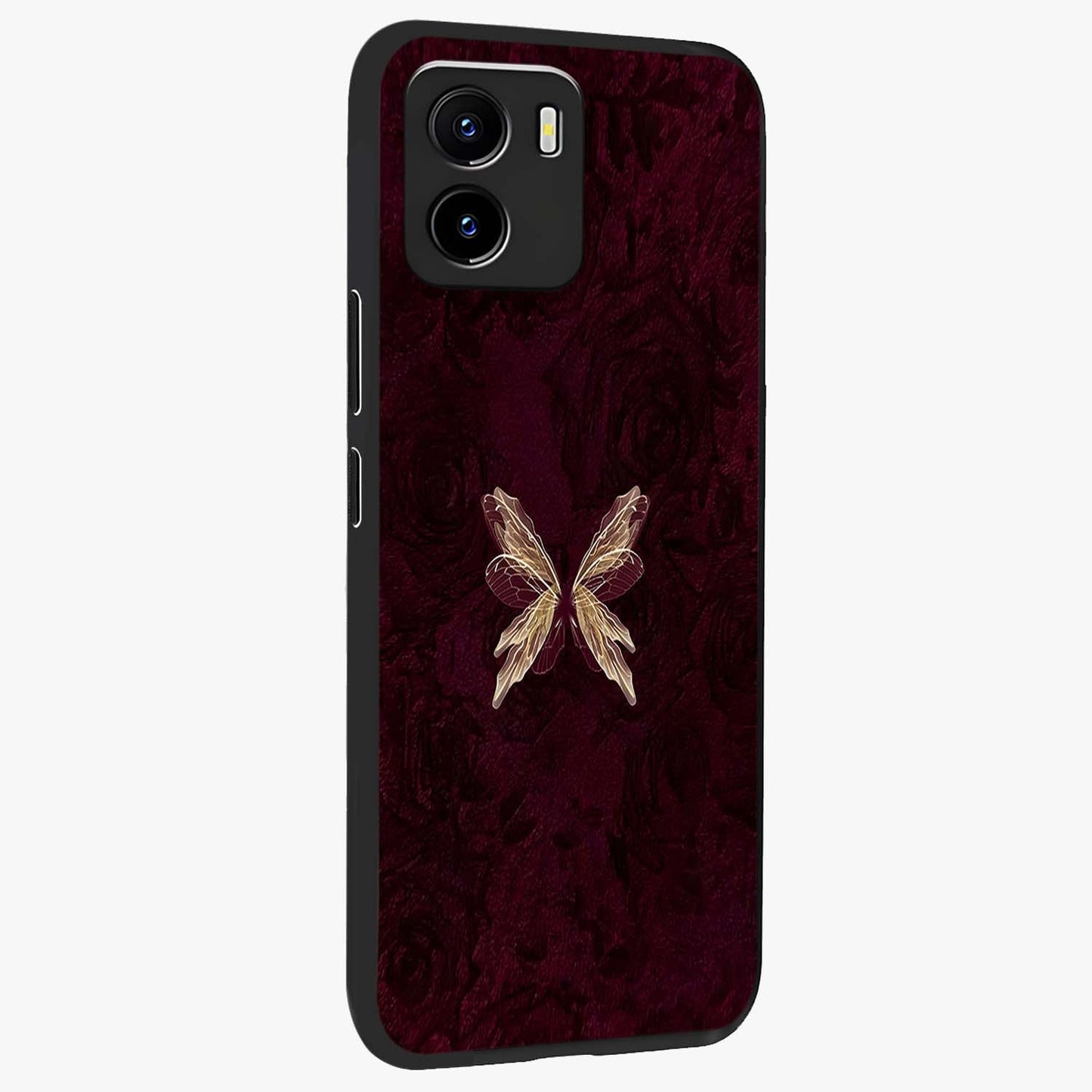 Crimson Fade Butterfly Glass Case upright view showcasing graceful butterfly artwork with soft crimson fade effect.