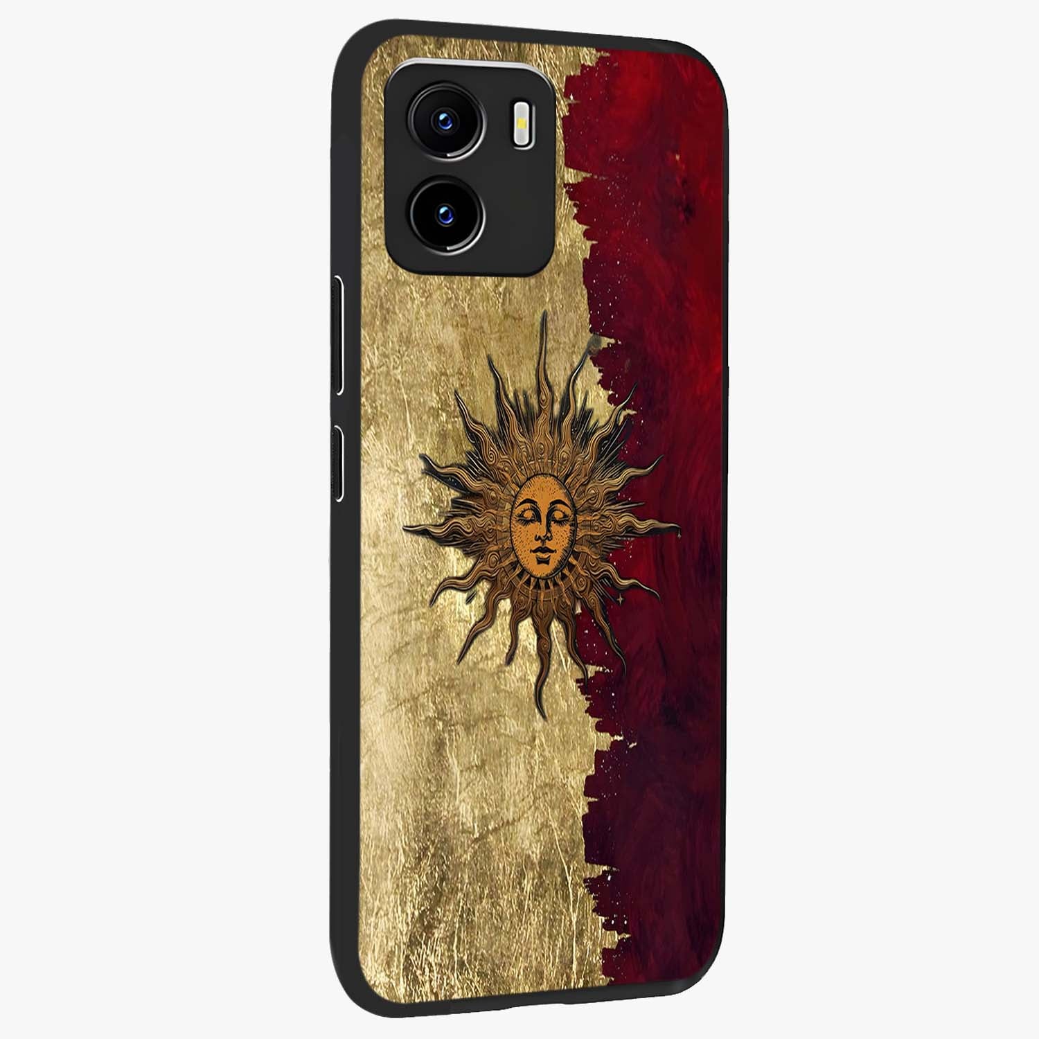 Crimson Sun Majesty Glass Case upright view showcasing vibrant sun artwork with powerful celestial theme.