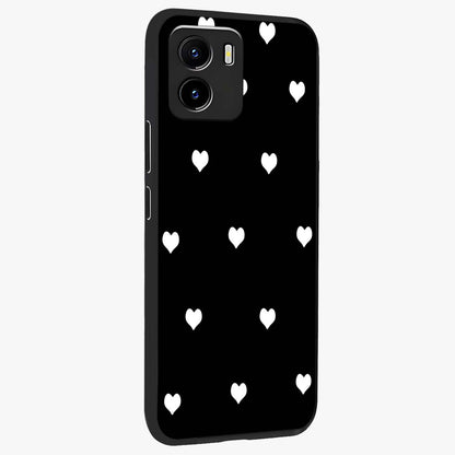 Cute And Simple White Hearts Glass Case upright view showcasing simple white hearts artwork with soft minimal theme.