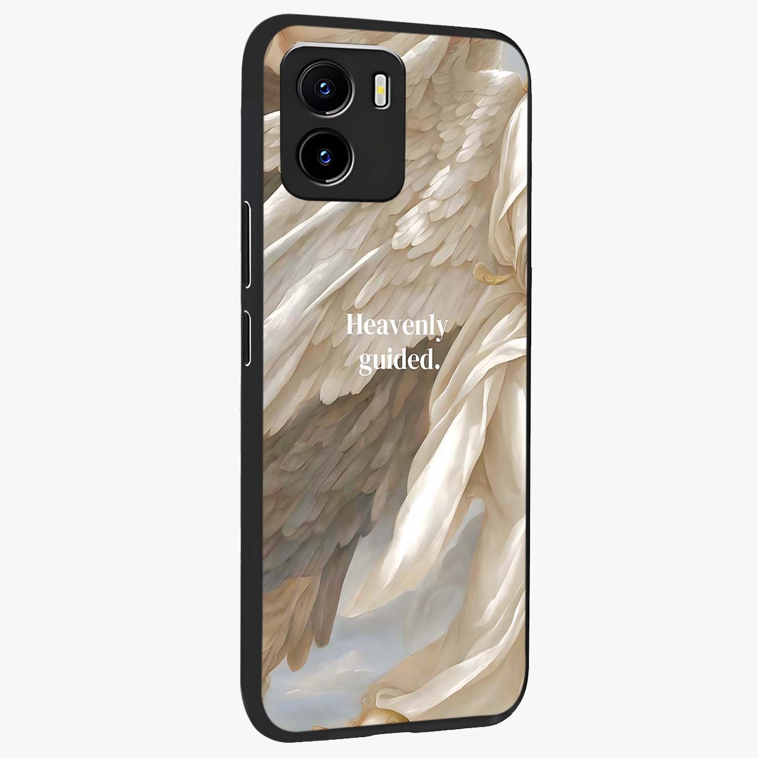 Divine Winged Grace Glass Case upright view showcasing spiritual wing artwork with soft celestial theme.
