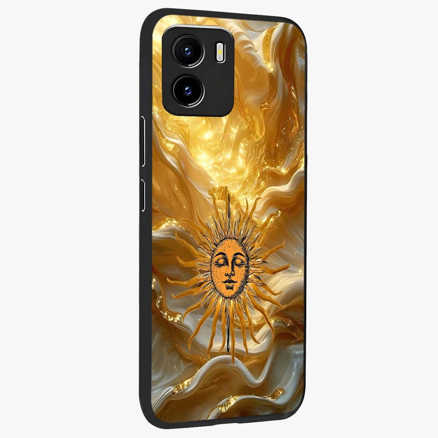 Eternal Golden Glow Glass Case upright view showcasing luminous golden artwork with luxurious visual theme.
