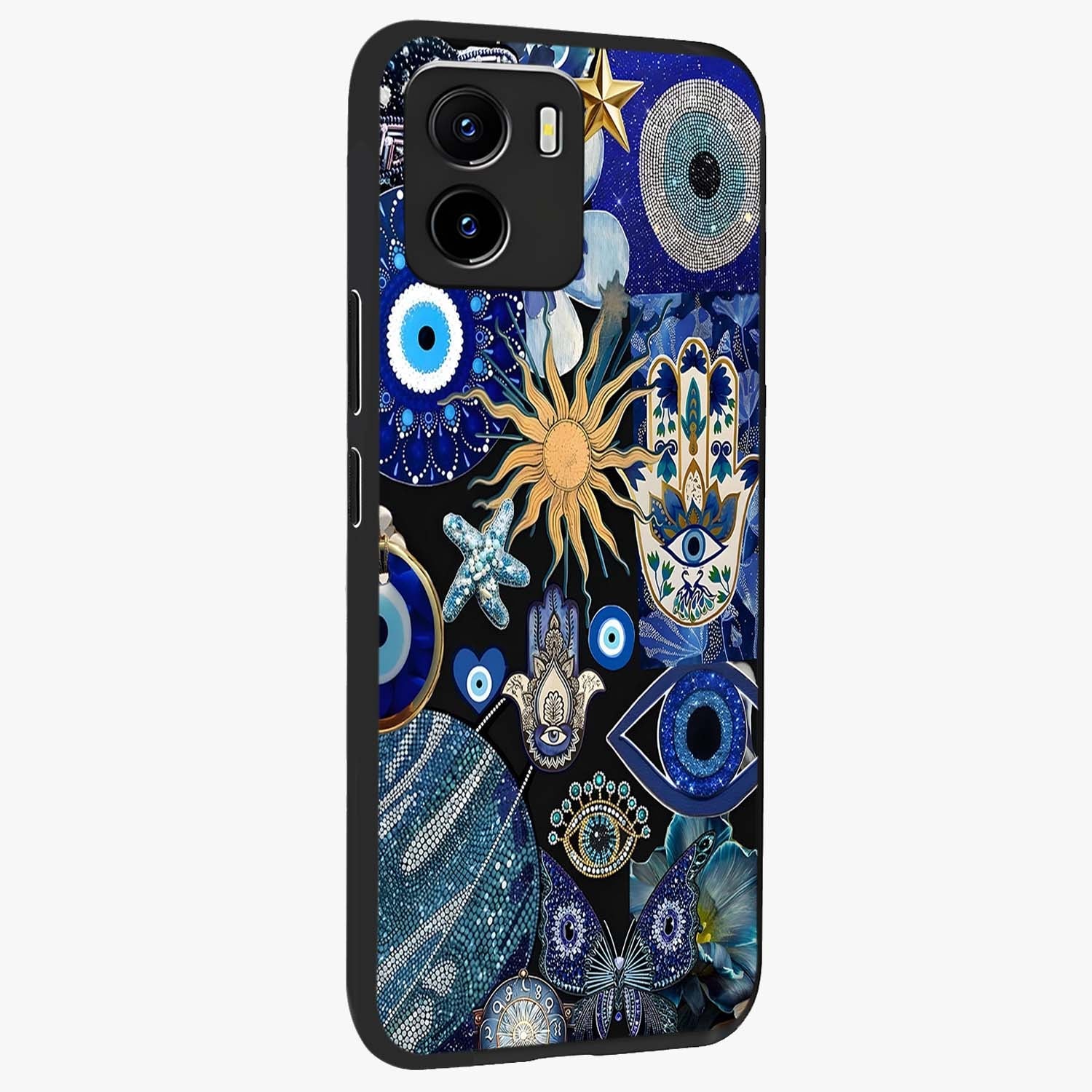 Evil Eye Charm Mix Glass Case upright view showcasing mystical evil eye pattern with vibrant decorative style.