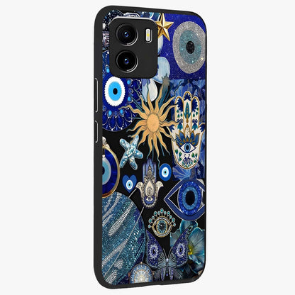 Evil Eye Charm Mix Glass Case upright view showcasing mystical evil eye pattern with vibrant decorative style.