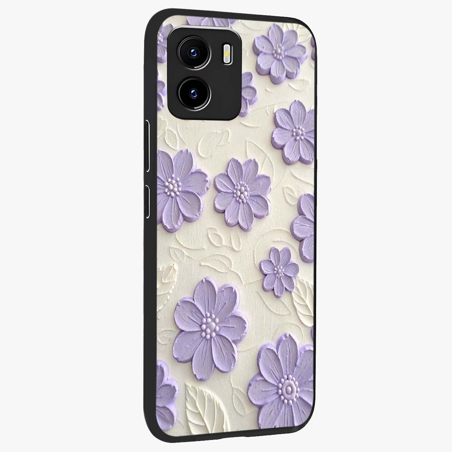 Floral Wall Art With Purple Flowers Glass Case upright view showcasing elegant purple flower artwork with decorative floral theme.