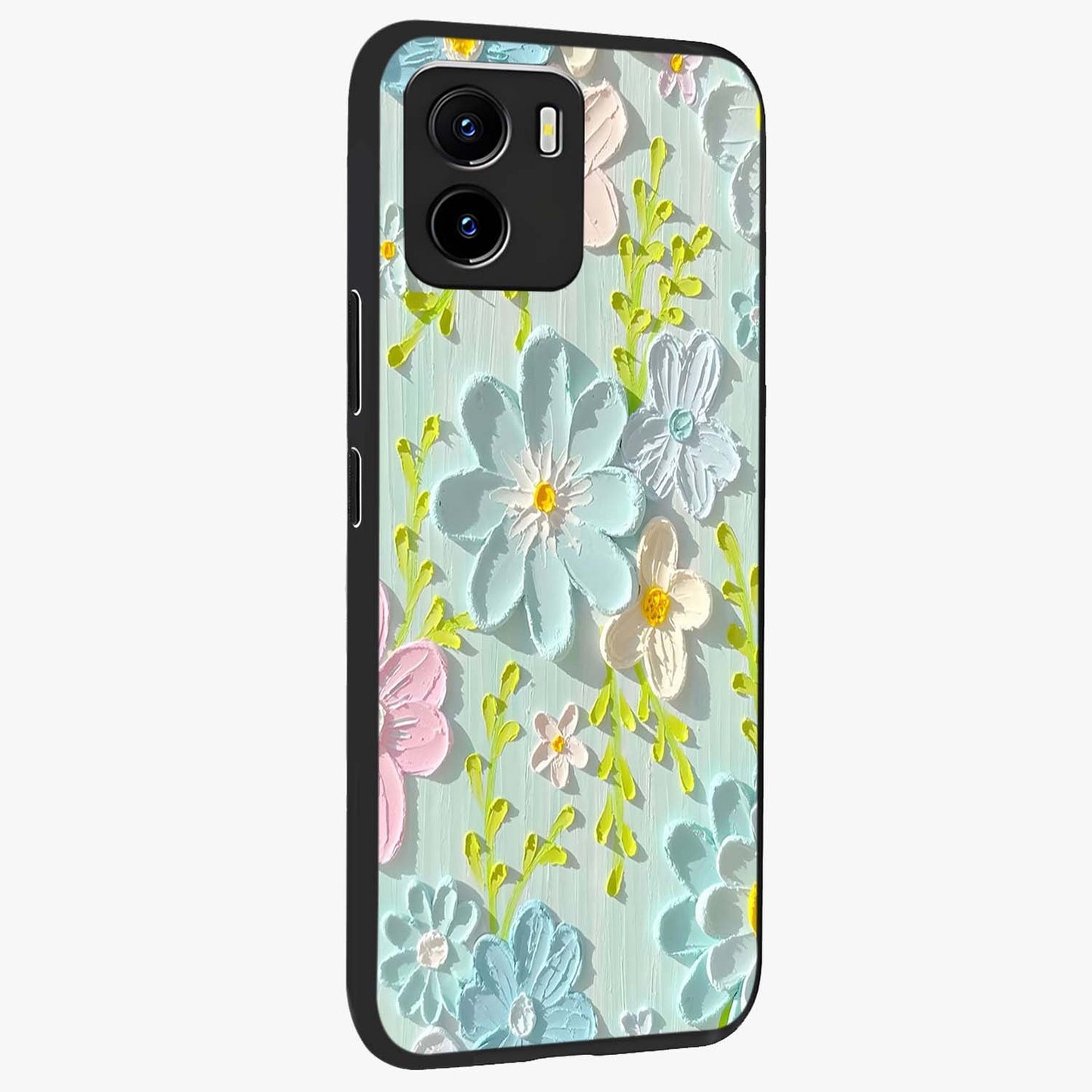 Frosted Petal Garden Glass Case upright view showcasing elegant floral garden artwork with soothing pastel theme.