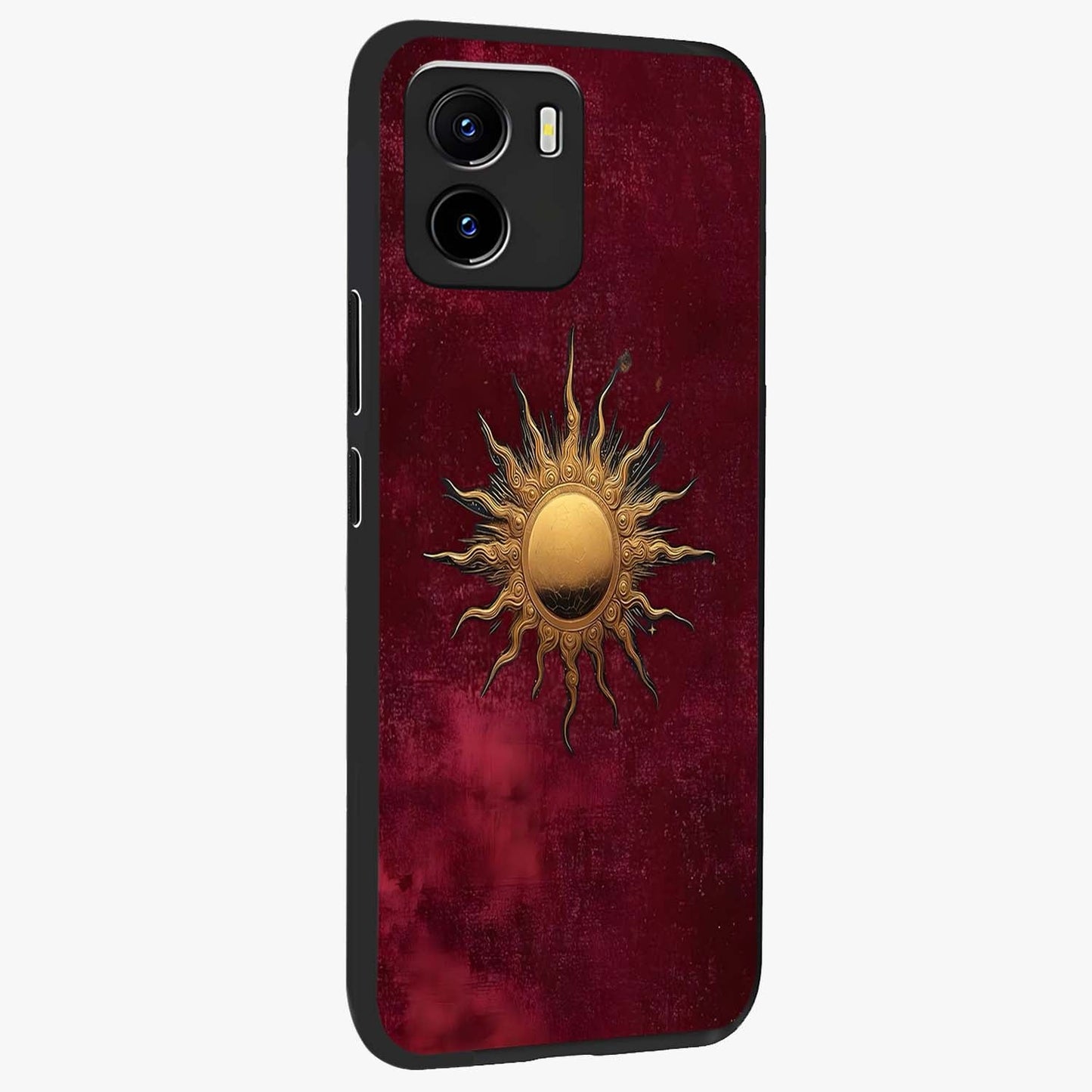 Golden Sun Minimalism Glass Case upright view showcasing simple golden sun artwork with elegant minimalist style.