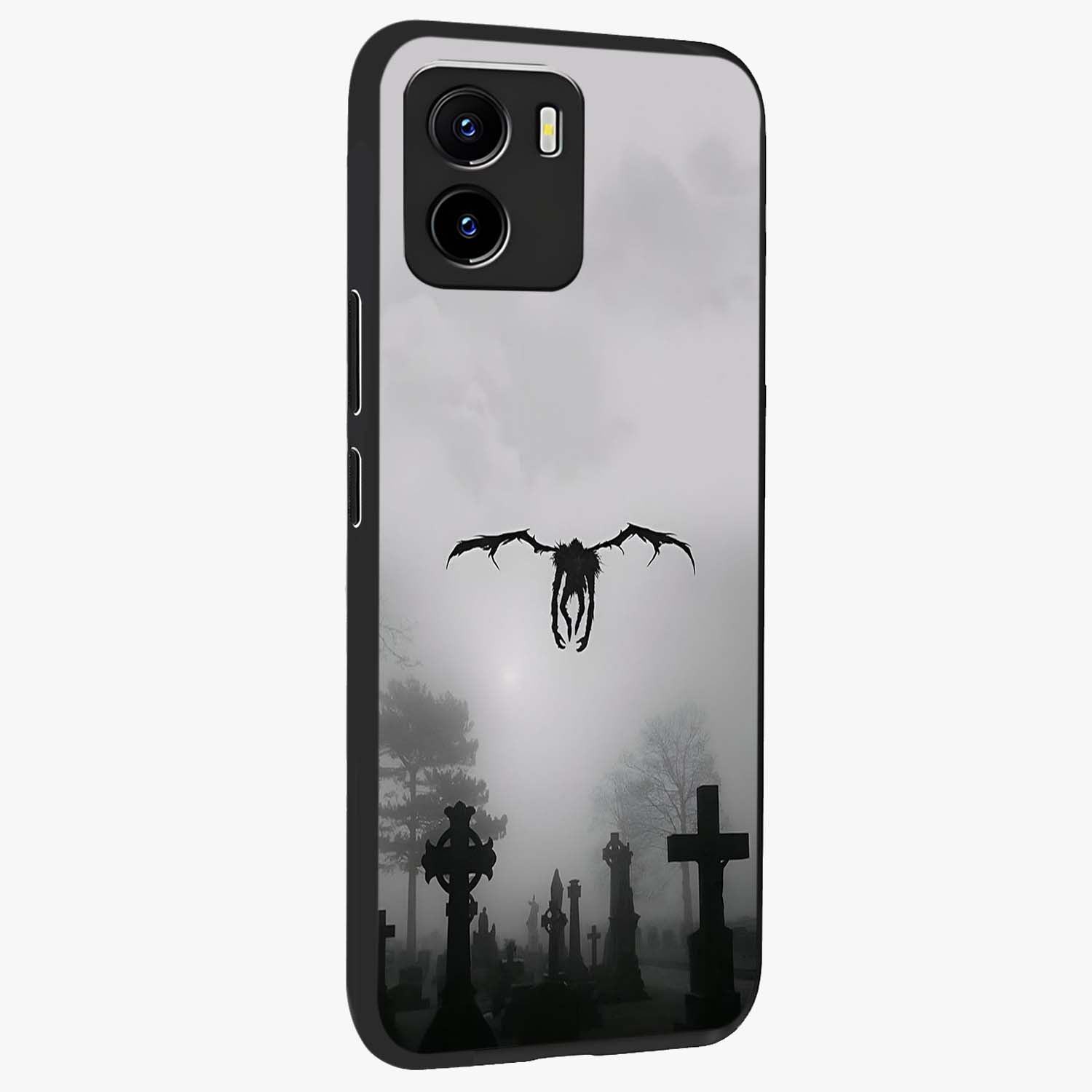 Graveyard Shadow Descent Glass Case upright view showcasing haunting graveyard artwork with dramatic dark theme.