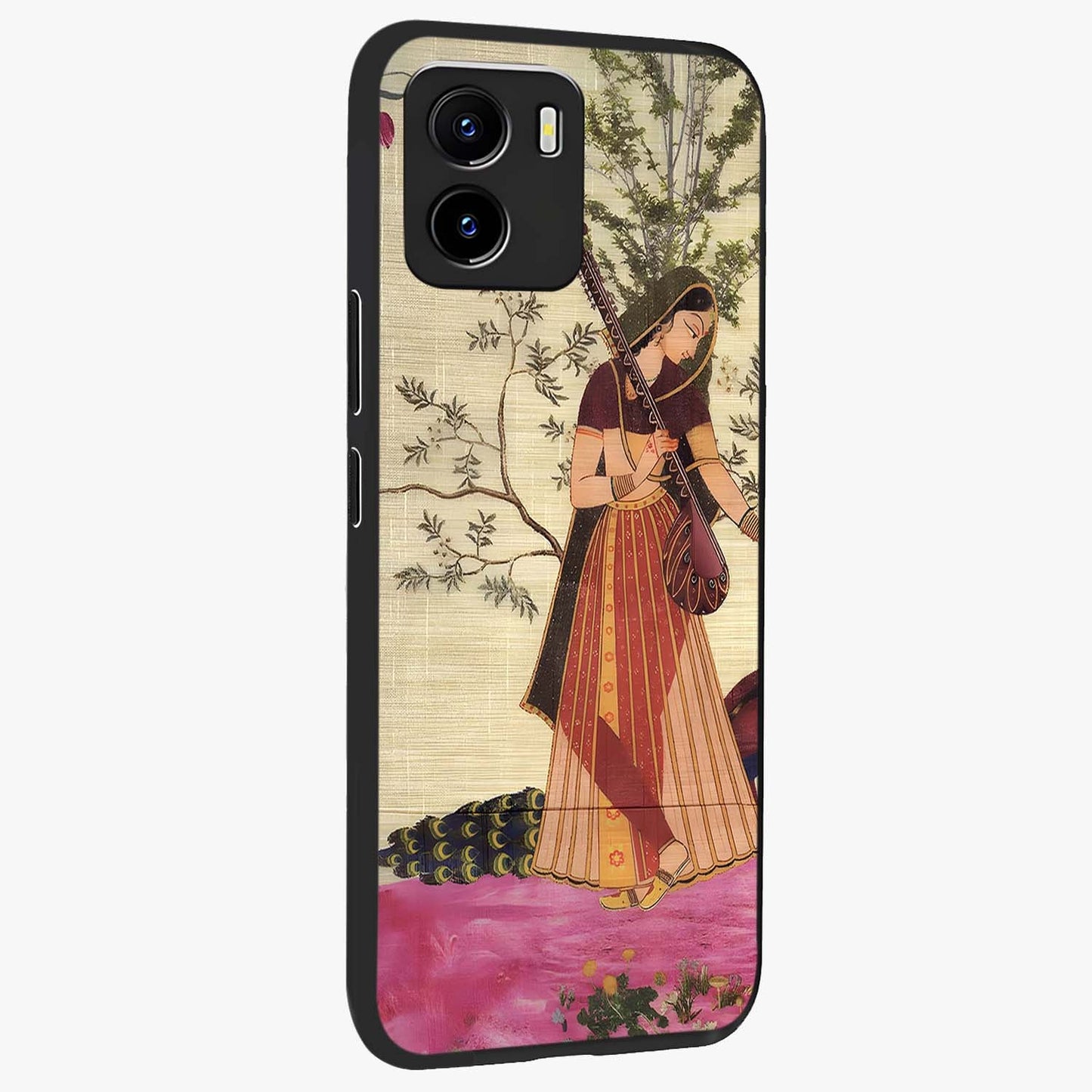 Lady With Veena Art Glass Case upright view showcasing classical veena artwork with traditional artistic theme.