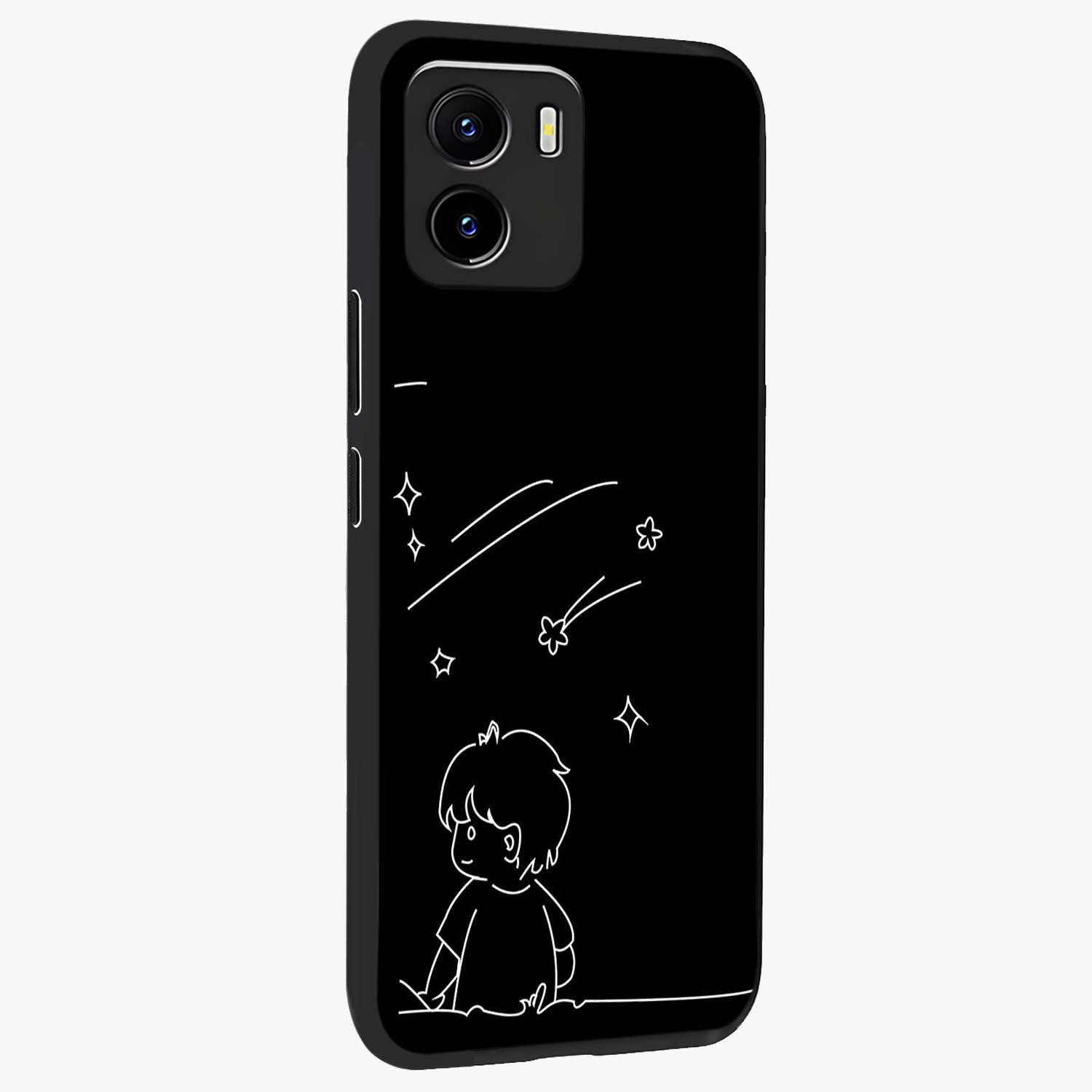 Line Art Boy With Shooting Stars Glass Case upright view showcasing artistic shooting star illustration with minimal style.