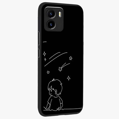 Line Art Boy With Shooting Stars Glass Case upright view showcasing artistic shooting star illustration with minimal style.