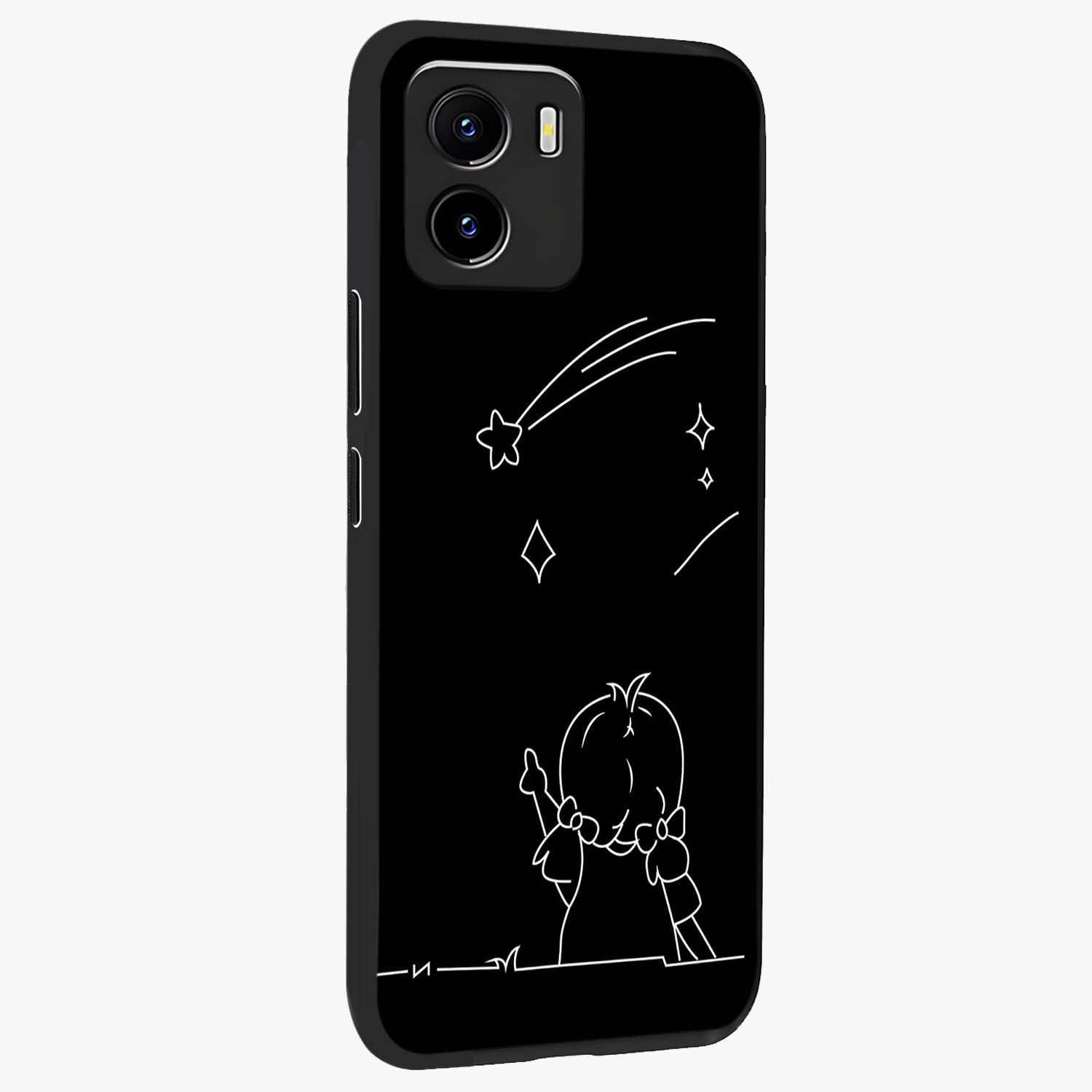 Line Art Girl With Shooting Stars Glass Case upright view showcasing delicate shooting stars artwork with minimal artistic theme.