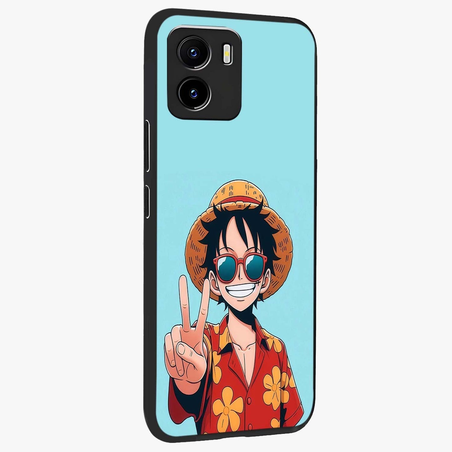 Luffy Summer Anime Vibe Glass Case upright view showcasing dynamic anime artwork with bright adventurous theme.