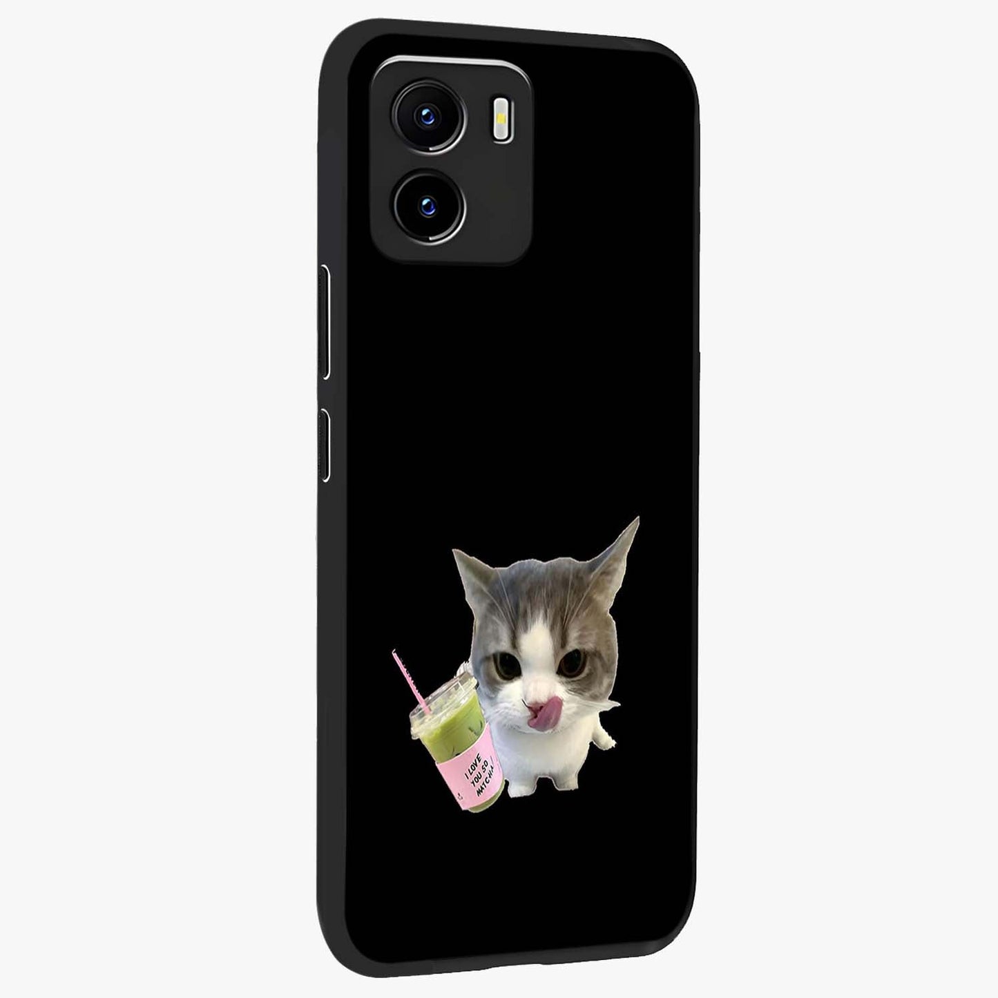 Matcha Cat Style Glass Case upright view showcasing charming cat artwork with cozy aesthetic theme.