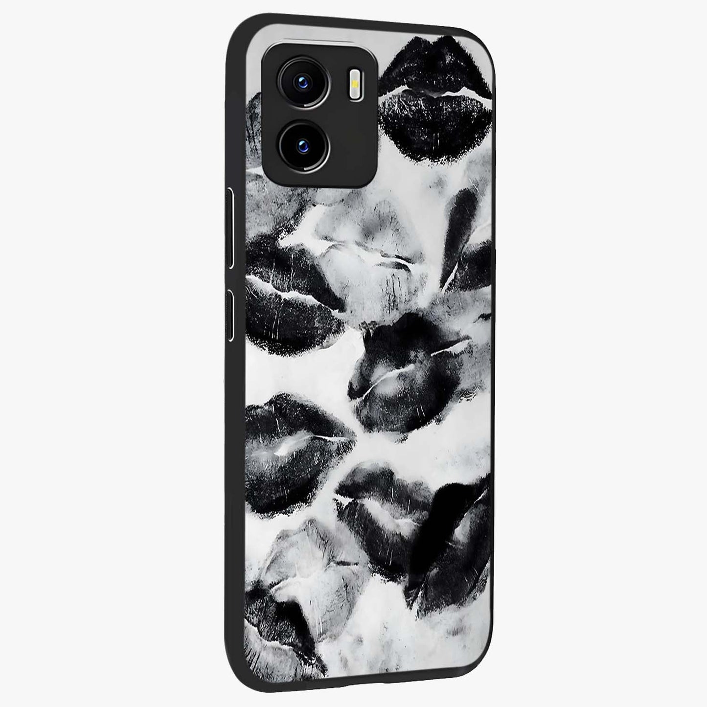 Midnight Kiss Marks Glass Case upright view showcasing stylish kiss mark artwork with trendy romantic theme.