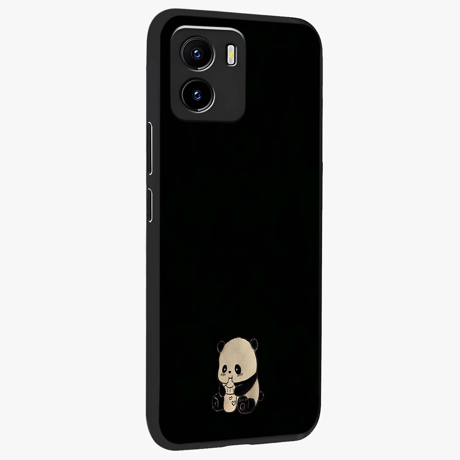 Midnight Panda Love Glass Case upright view showcasing charming panda artwork with playful romantic theme.