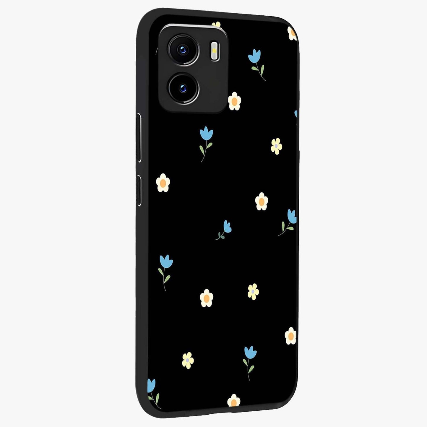 Minimal Petal Whispers Glass Case upright view showcasing elegant floral artwork with modern minimalist style.