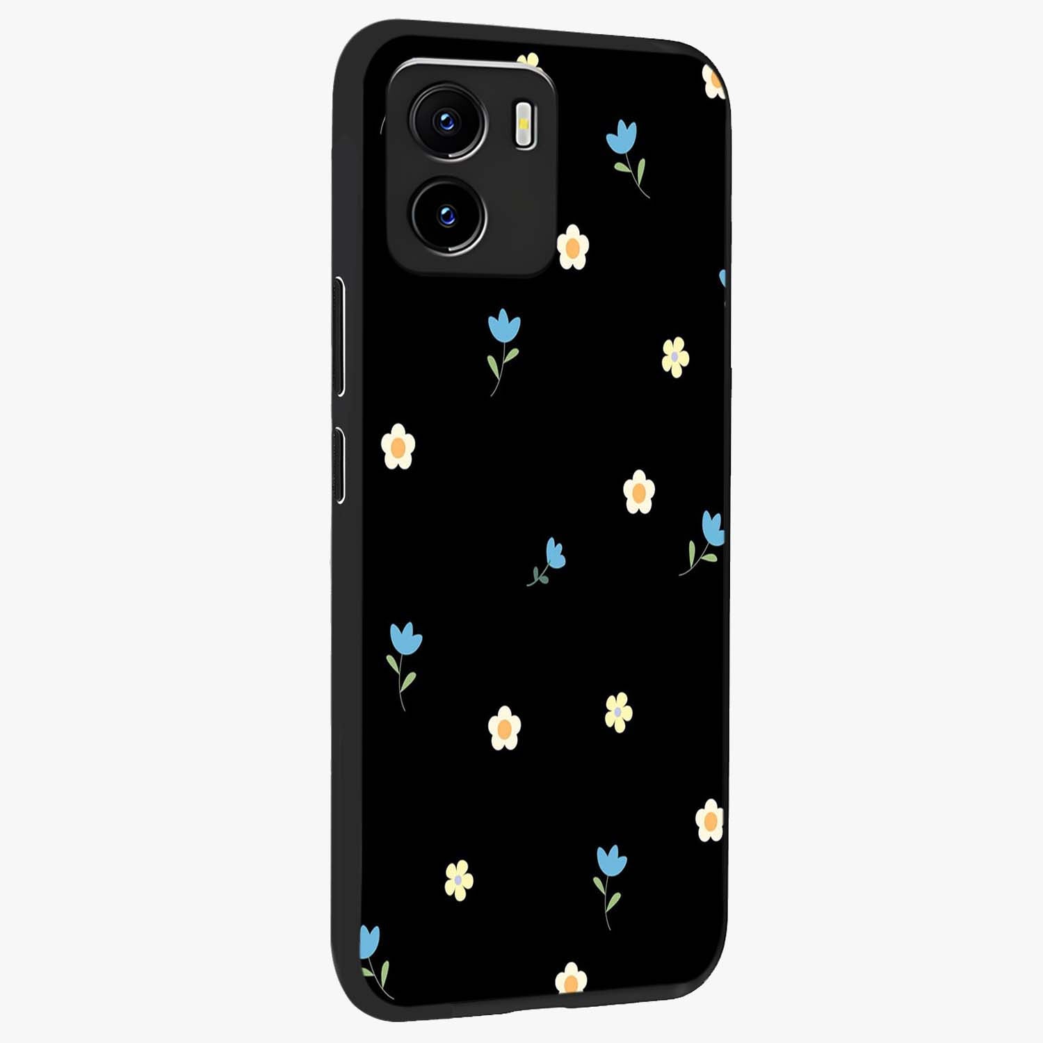 Minimal Petal Whispers Glass Case upright view showcasing elegant floral artwork with modern minimalist style.