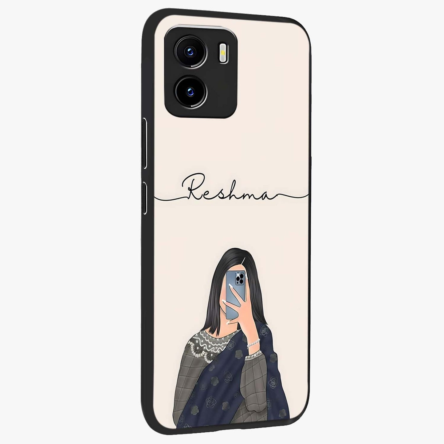 Mirror Mood Muse With Custom Name Glass Case upright view showcasing artistic mirror themed artwork with personalized aesthetic.