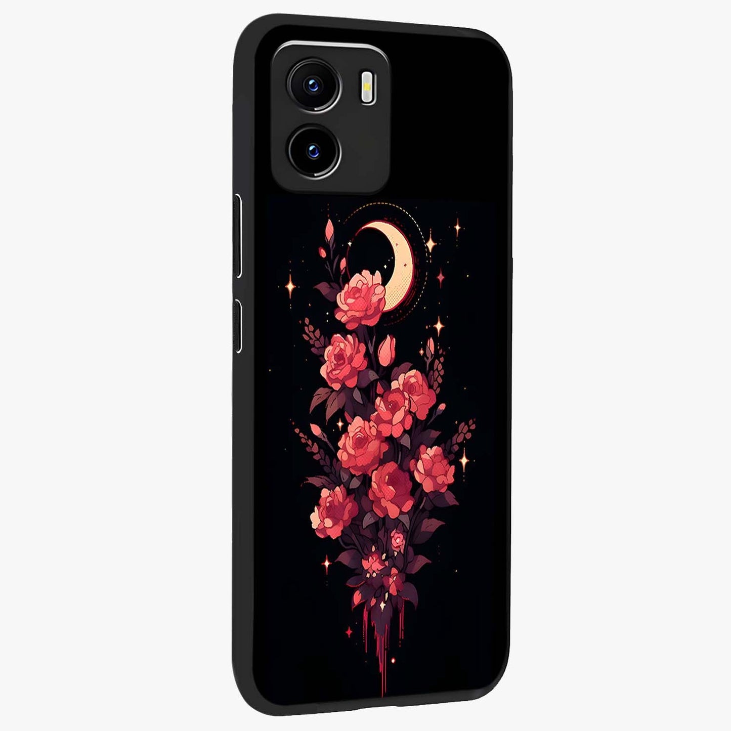 Moonlit Floral Elegance Glass Case upright view showcasing delicate floral artwork with refined night inspired theme.