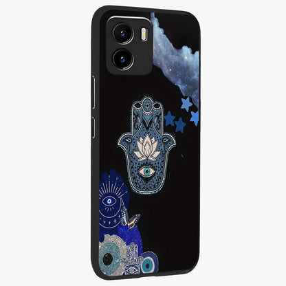 Mystic Hand Aura Glass Case upright view showcasing symbolic hand artwork with mystical energy theme.