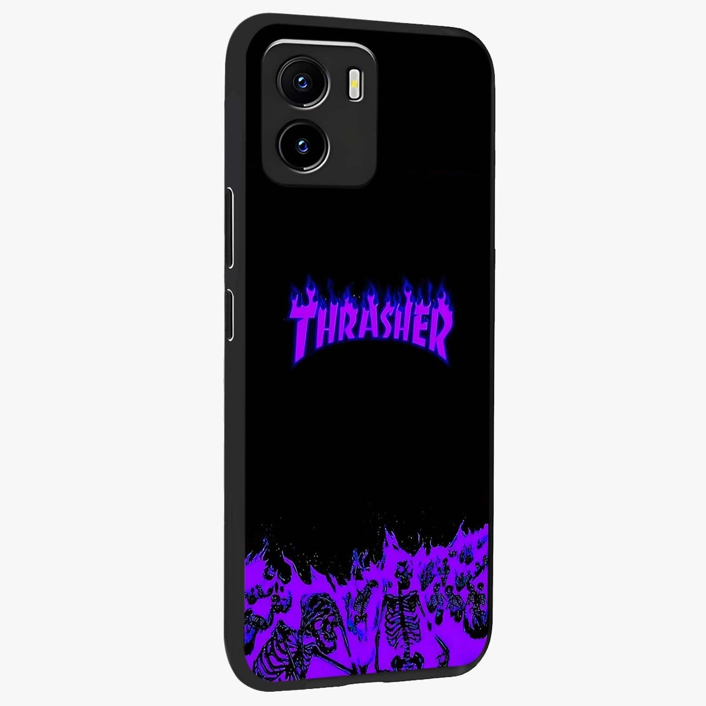 Neon Flame Riot Glass Case upright view showcasing dynamic flame artwork with energetic neon theme.