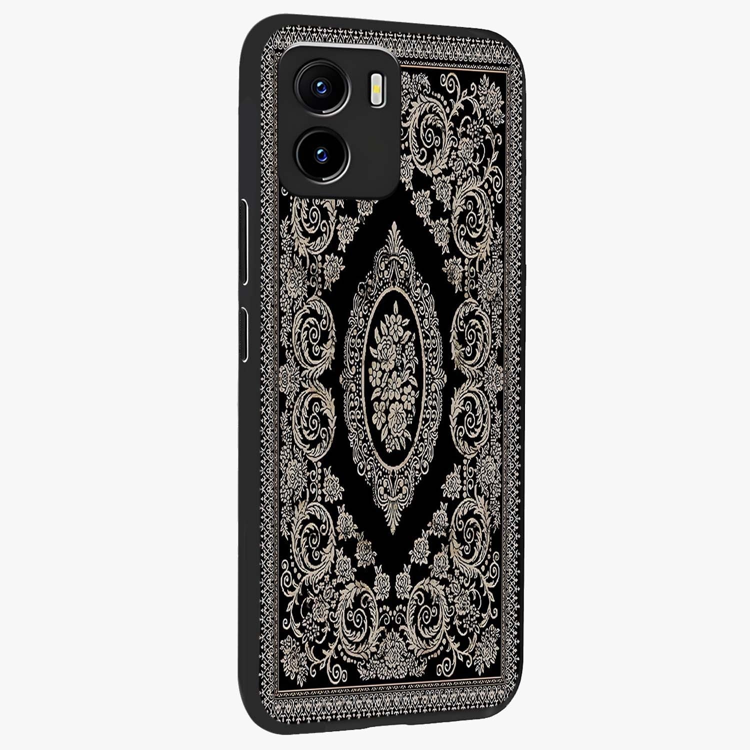 Noir Bloom Elegance Glass Case upright view showcasing graceful floral artwork with luxurious dark theme.