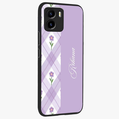 Purple Diamond Floral Glass Case upright view showcasing vibrant floral artwork with stylish geometric theme.