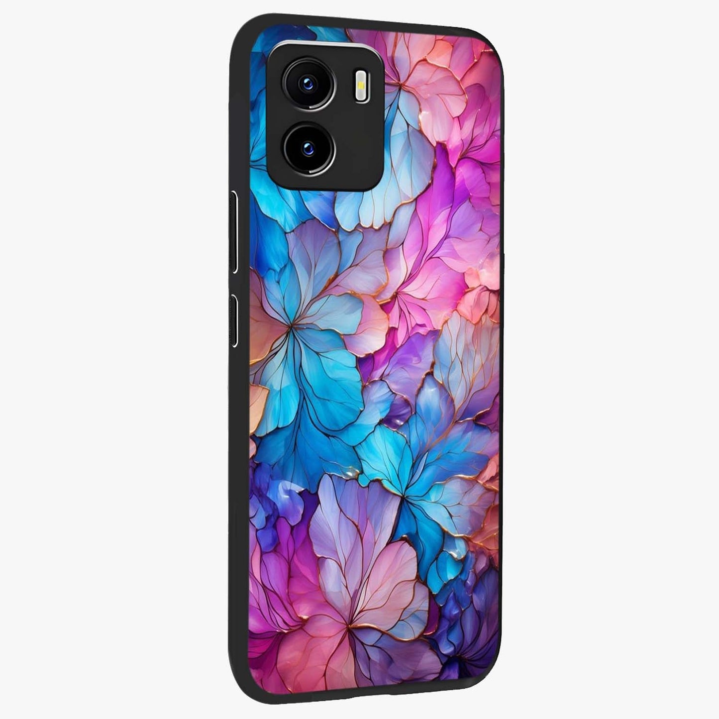 Radiant Floral Whirl Glass Case upright view showcasing lively floral artwork with decorative swirl theme.