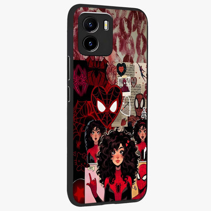 Spider Love Story Glass Case upright view showcasing charming superhero artwork with romantic comic theme.