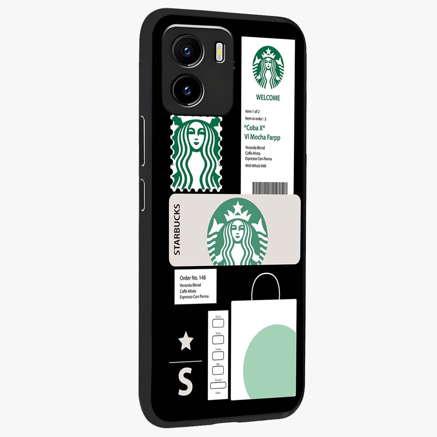 Starbucks Mocha Glass Case upright view showcasing trendy coffee inspired artwork with modern lifestyle theme.