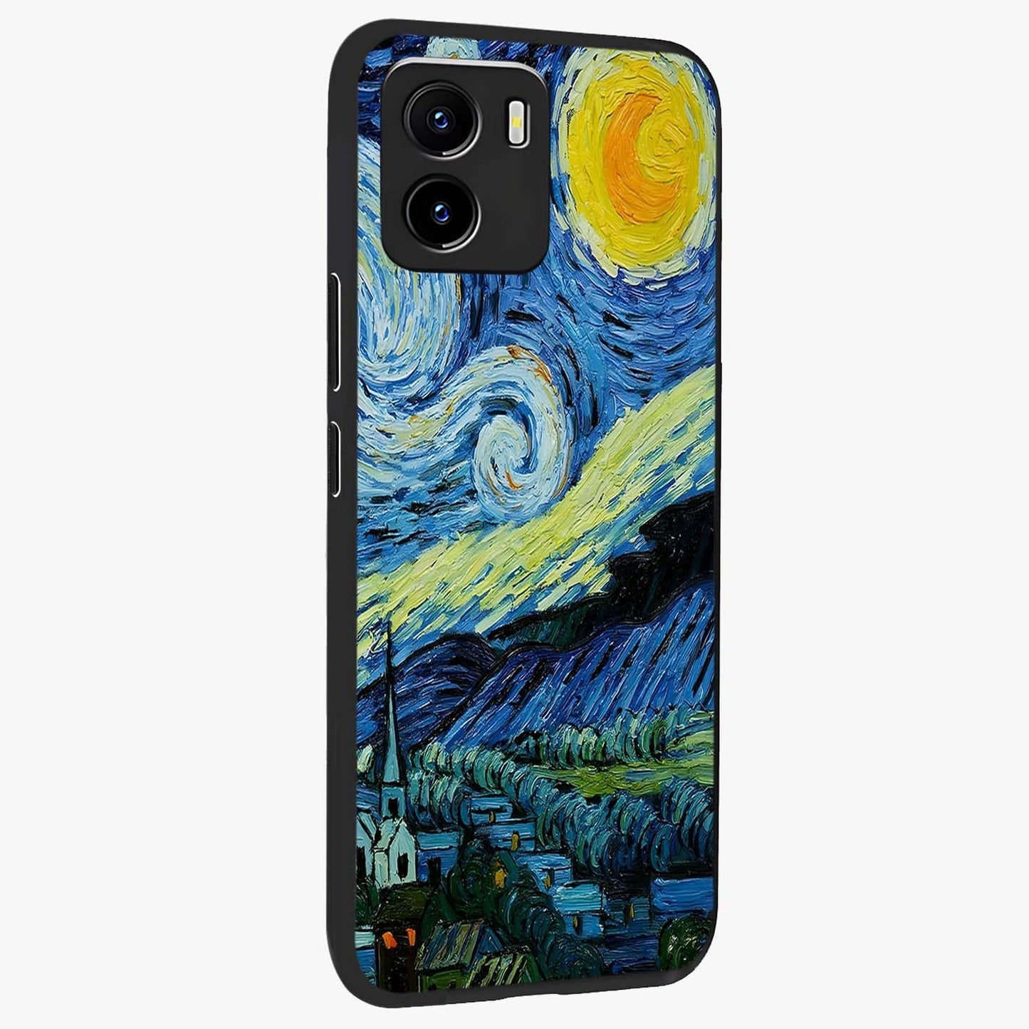Van Gogh Art Glass Case upright view showcasing expressive painting style artwork with timeless artistic theme.