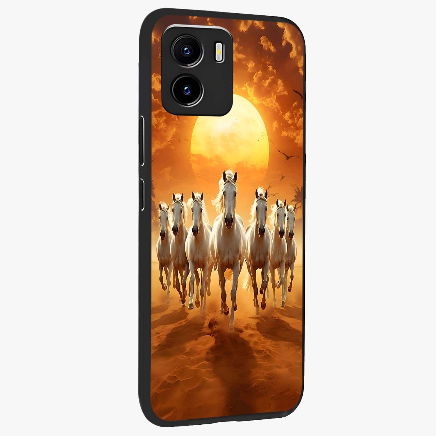 Wild Sunset Majesty Glass Case upright view showcasing dramatic sunset artwork with bold nature theme.