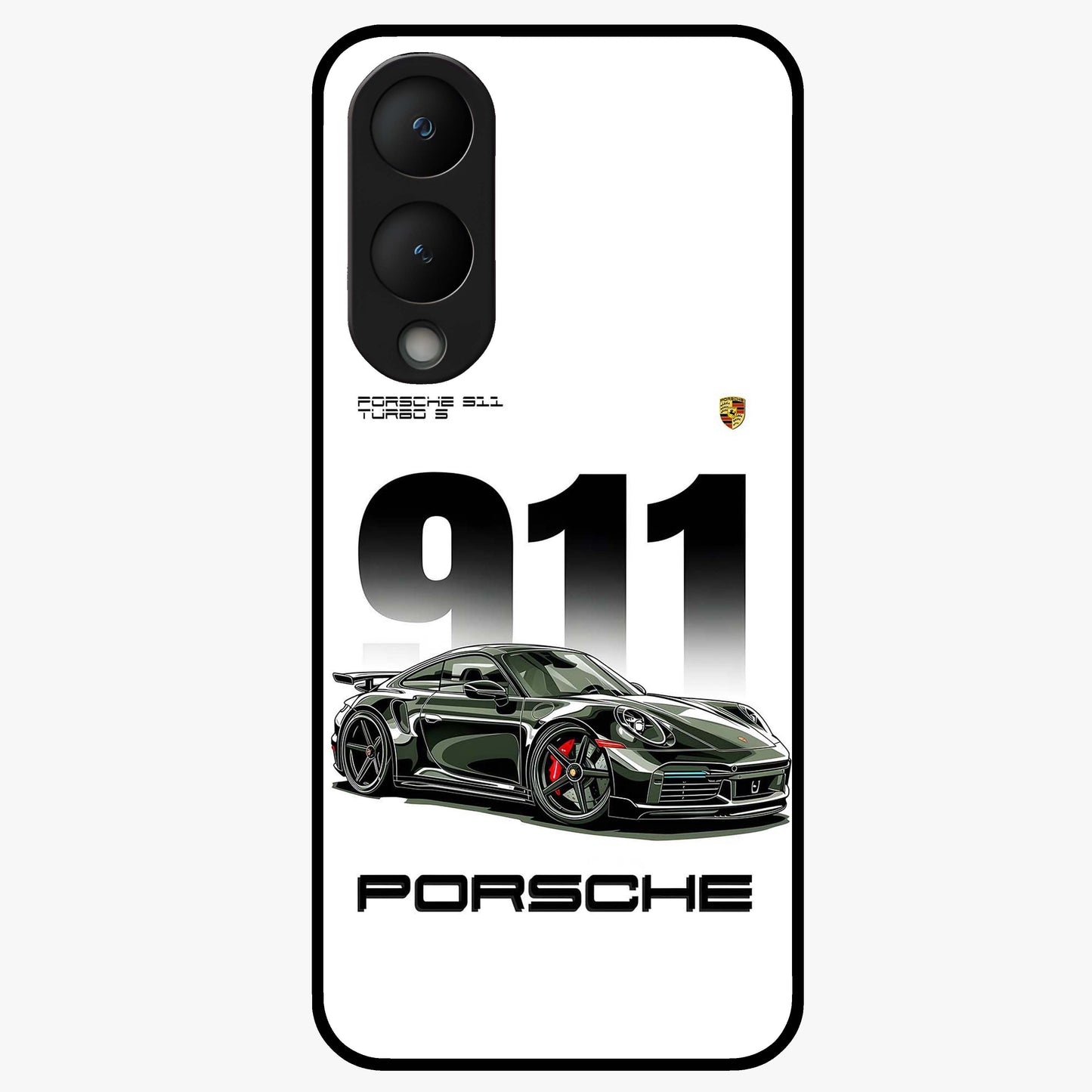 911 Turbo Dominance Glass Case showing clean flat back view with bold 911 sports car artwork and glossy glass finish.