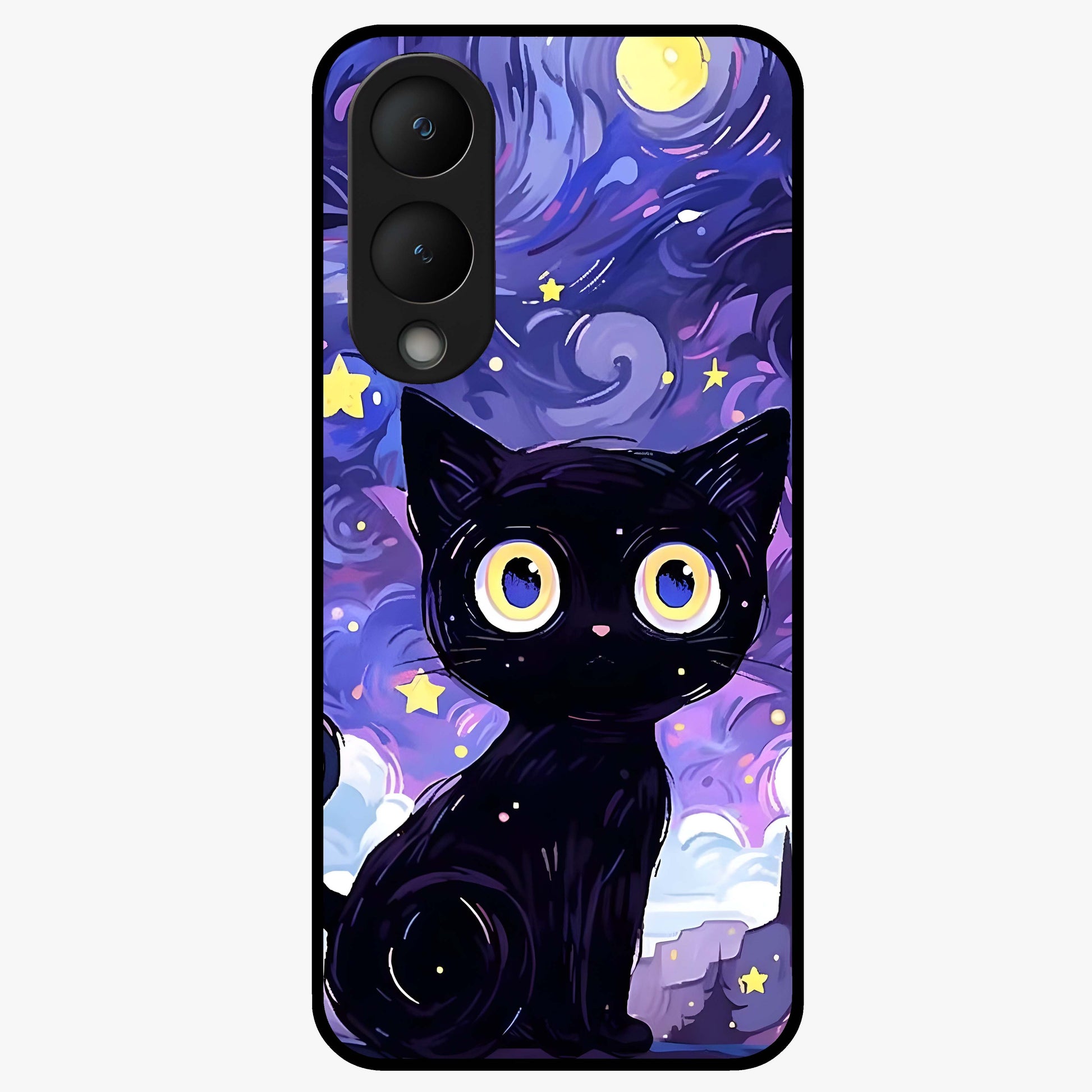 Abstract Cat Art Glass Case showing flat back view with artistic cat illustration and glossy glass finish.