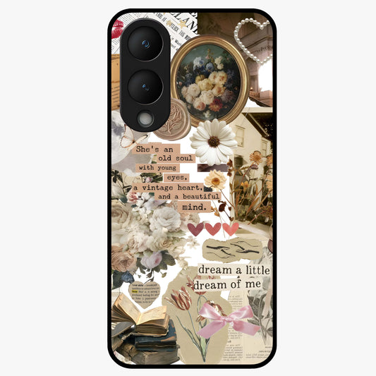 Aesthetic Brown Vintage Collage Glass Case showing flat back view with retro collage artwork and glossy glass finish.