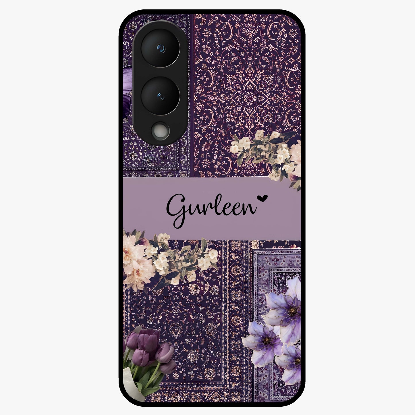 Antique Floral Whisper Custom Name Glass Case showing flat back view with vintage floral artwork and personalized name design.